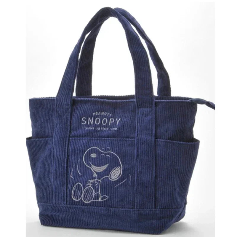 Snoopy Corduroy Tote Bag – Large Capacity Zipper Shoulder Bag Blue 14.2 × 9.4 × 5.1 inches (36 × 24 × 13 cm)