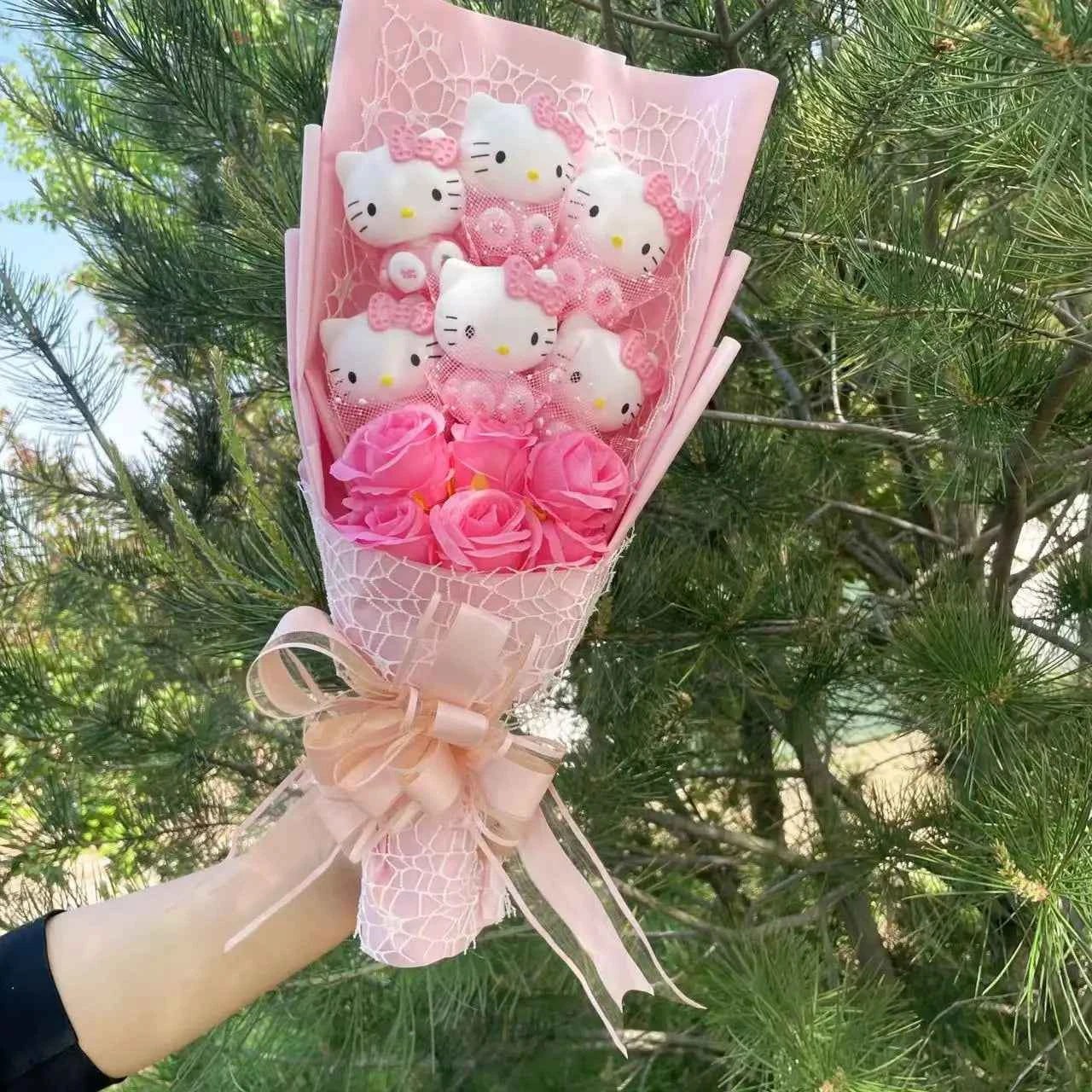 Kawaii Hello Kitty Plush Bouquet (23.6 in) - Cartoon KT Cat Stuffed Animal Gift