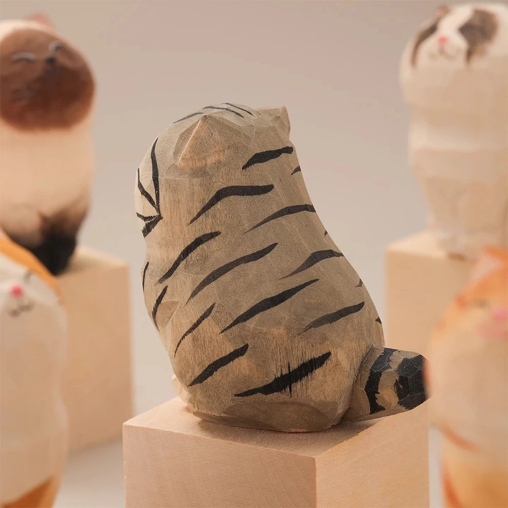 Handcrafted wood carving kitten statue Desk accessories Cat