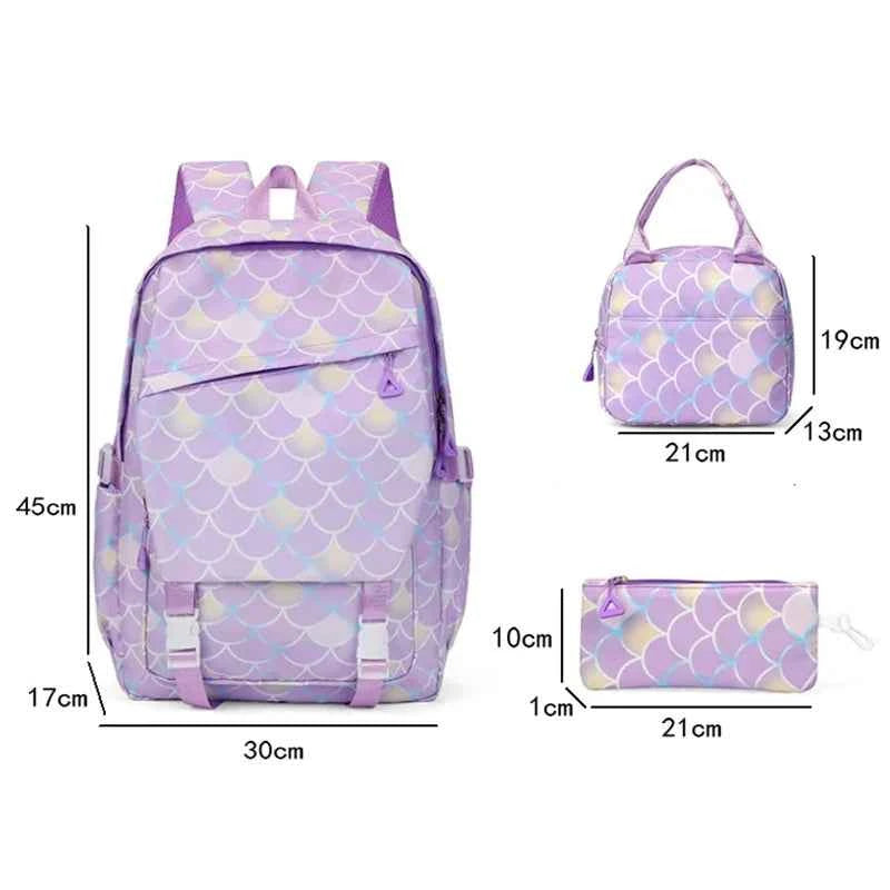 3PCS Cinnamoroll Fish Scale Backpack Set - Mermaid Pendant Lunch School Bag for Girls (17.7 in)
