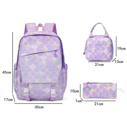 3PCS Cinnamoroll Fish Scale Backpack Set - Mermaid Pendant Lunch School Bag for Girls (17.7 in)