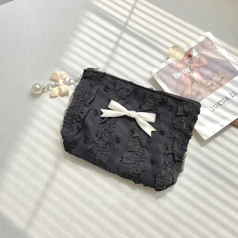 Cute Lace Bow Coin Purse Portable Cosmetic Storage Bag Key Black
