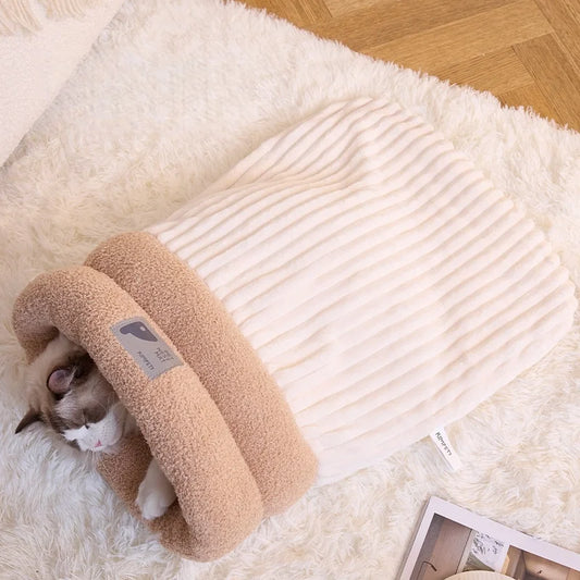 Warming Plush Cat Sleeping Bag: Enclosed Snuggle Sack with Burrow Entry for Winter - Cozy Fuzz Sleeping Bag for Anxious Cats White