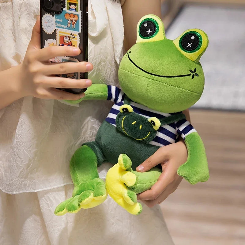 Kawaii Big Eye Frog Plush Toy – Soft Stuffed Cartoon Frog with Striped Overalls (30–50cm) Green