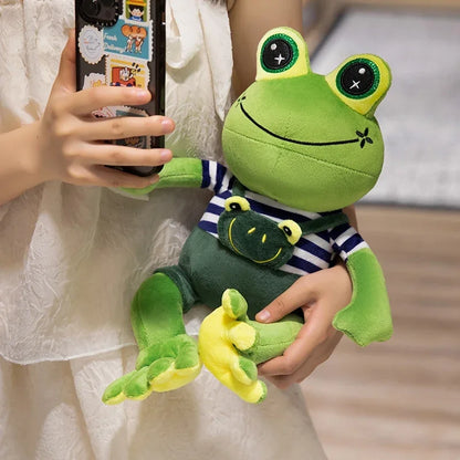 Kawaii Big Eye Frog Plush Toy – Soft Stuffed Cartoon Frog with Striped Overalls (30–50cm) Green