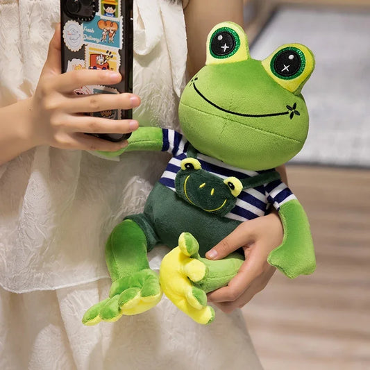 Kawaii Big Eye Frog Plush Toy – Soft Stuffed Cartoon Frog with Striped Overalls (30–50cm) Green