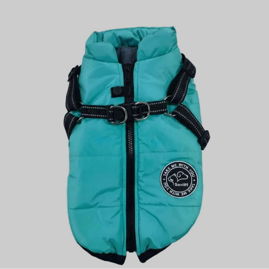 Waterproof Winter Dog Jacket Vest with Built-in Harness – Fleece Lined Lake Blue