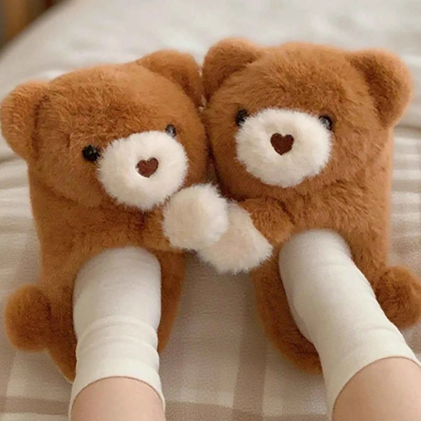 Kawaii 3D Hug Bear Fluffy House Slippers - Khaki Warm Winter Indoor Non-slip Shoes