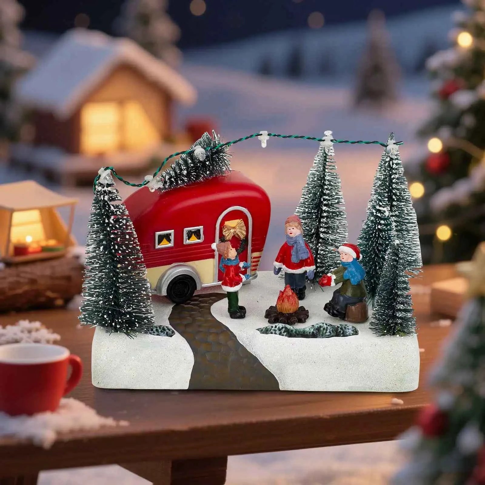 Christmas Camper Scene Figurine - LED Light Up Village Collection Indoor Decor