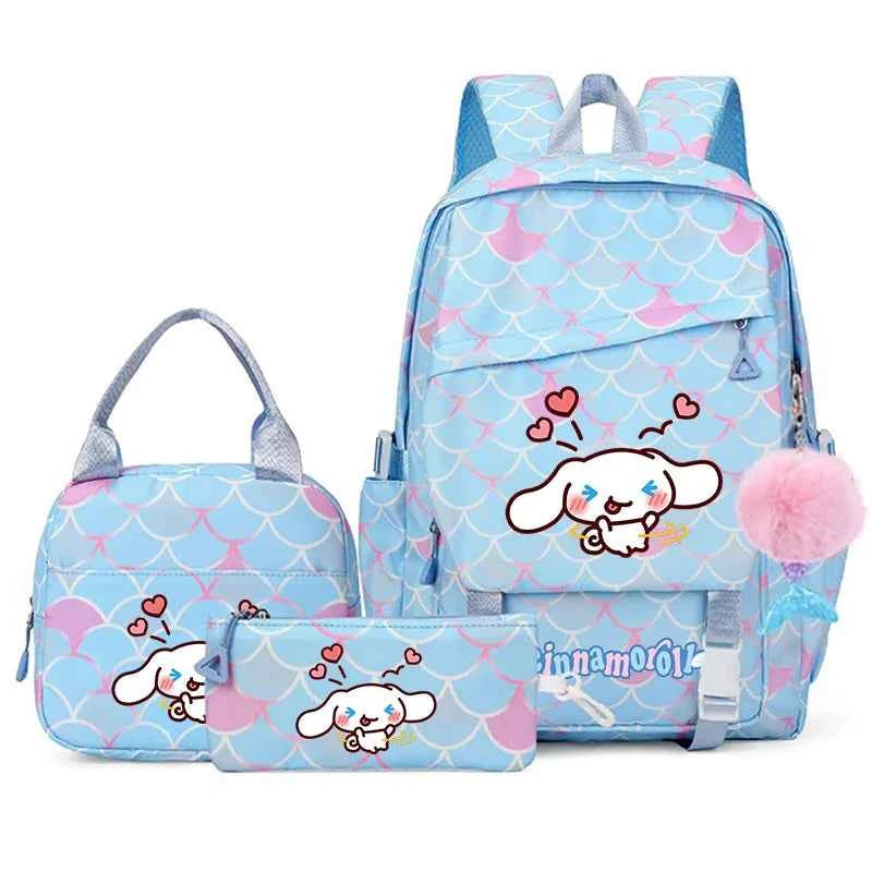 3PCS Cinnamoroll Fish Scale Backpack Set - Mermaid Pendant Lunch School Bag for Girls (17.7 in)