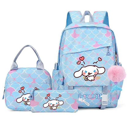 3PCS Cinnamoroll Fish Scale Backpack Set - Mermaid Pendant Lunch School Bag for Girls (17.7 in)