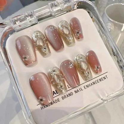 10Pcs Naked Cat Eye Press On Nails Laser Butterfly Decoration Fake Nails Short Full Cover False Nail Wearable Manicure Nail Tips