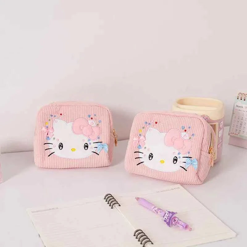Lovely Hello Kitty Corduroy Cosmetic Bag - Pink Embroidery Cat Plush Purse (6.30 inches)