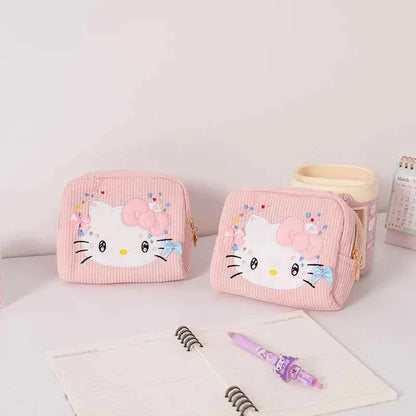 Lovely Hello Kitty Corduroy Cosmetic Bag - Pink Embroidery Cat Plush Purse (6.30 inches)