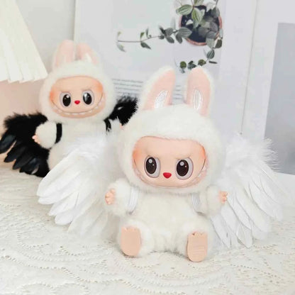 Black/White Angel Feather Wings Clothes for Labubu (6.7 in) - Doll Accessories Gift