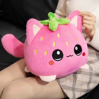 Kawaii Strawberry Kitten Ball Plush - Soft Big Eyes Cat Doll and Bag Charm, Pink, 3 Sizes