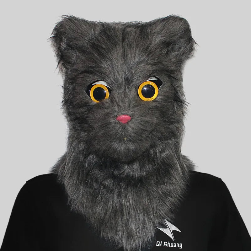 Movable Mouth Cat Mask – Realistic Full Head Cat Cosplay Mask Cat Grey 19.7"–25.6" (50–65cm)