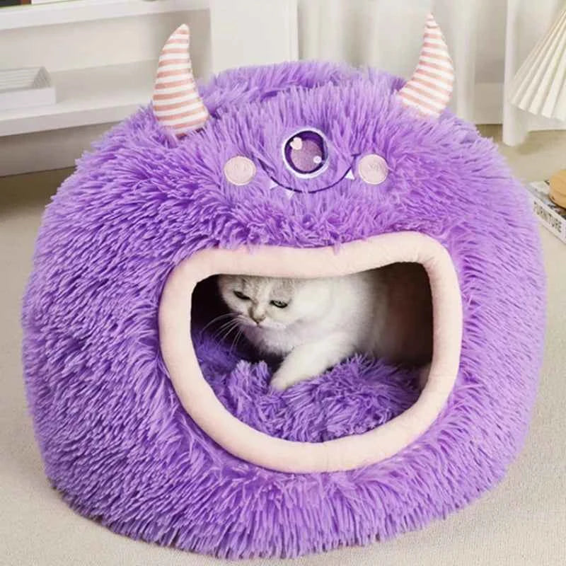 Kawaii Cartoon Monster Pet Bed (Up to 18.9 in) - Fully Enclosed Cat House Winter Warm