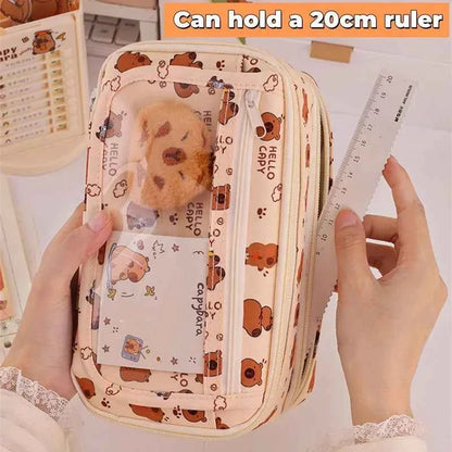 Kawaii Capybara Multi-Layer Pencil Case (8.5 in) - Large Capacity Stationery Organizer