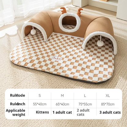 Winter Indoor Warm Plush Cat Bed with Reindeer Appearance Hide and Seek Cat Tunnel Play and Sleep Integrated Cat House Pet Nest Brown Elk