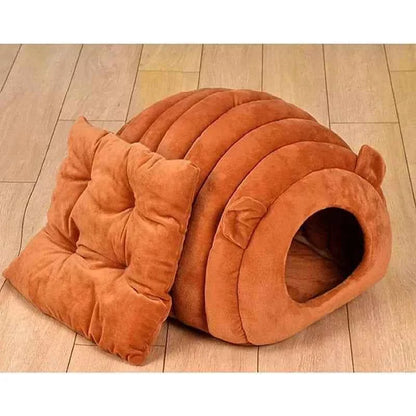 Pumpkin Cat Nest Cave Bed - Half-Enclosed Washable Pet Bed with Removable Cushion, 3 Colors and 2 Sizes Brown