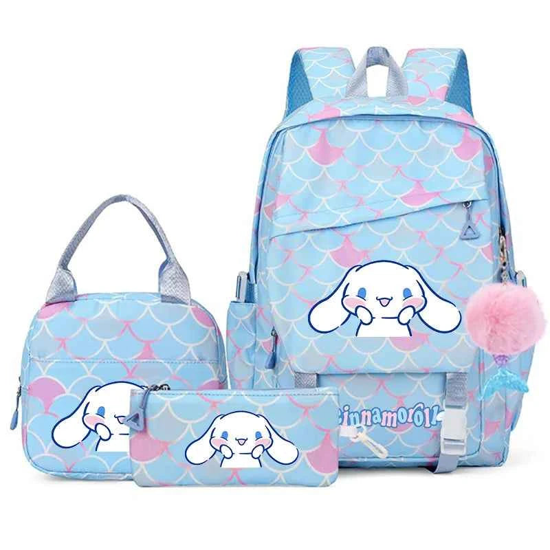 3PCS Cinnamoroll Fish Scale Backpack Set - Mermaid Pendant Lunch School Bag for Girls (17.7 in)