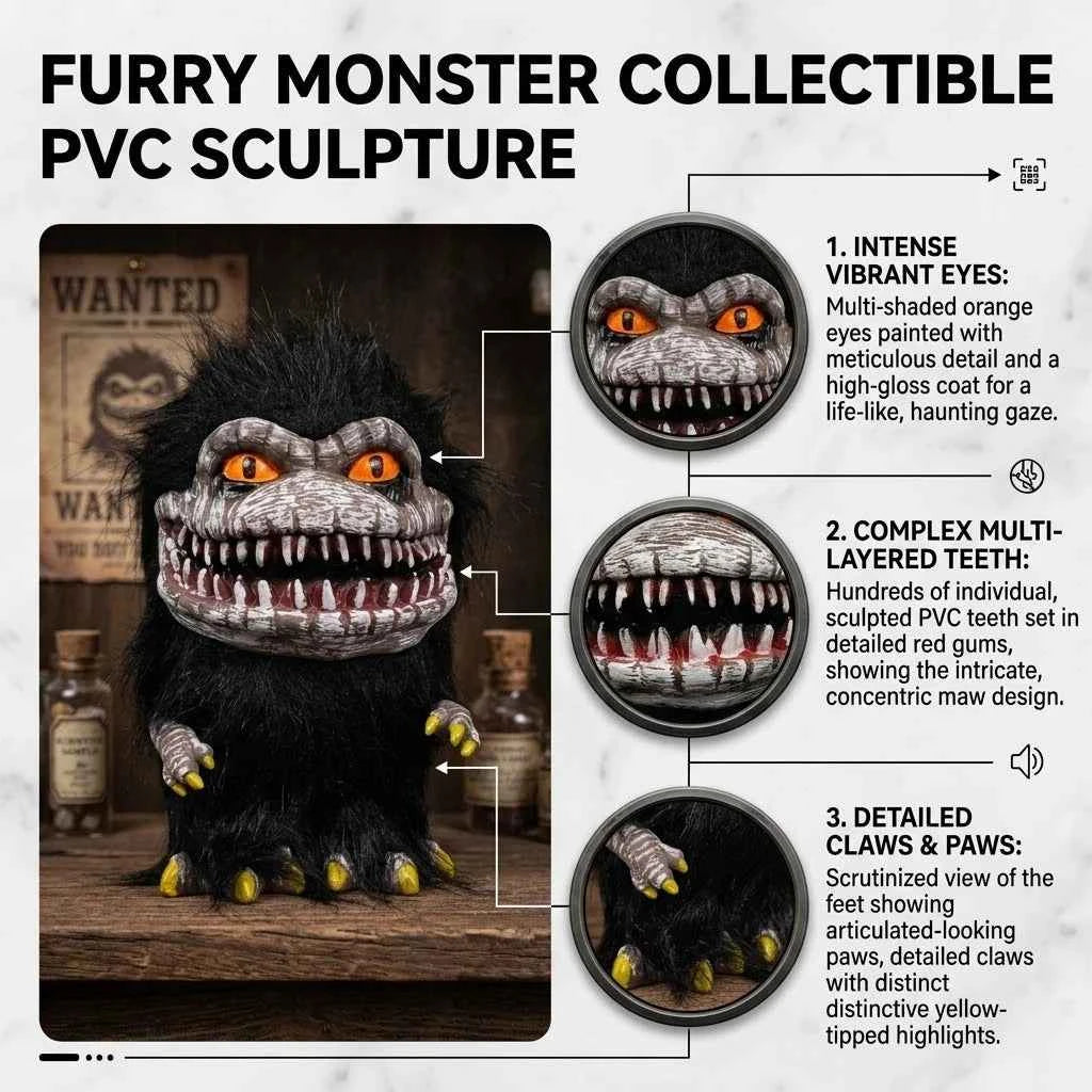 Soft Black Fur Horror Monster Doll Detailed Scary Face With Yellow Claws Perfect For Halloween Party Decor Or Critters Fans