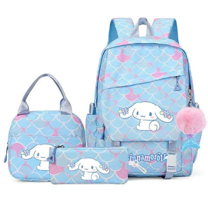 3PCS Cinnamoroll Fish Scale Backpack Set - Mermaid Pendant Lunch School Bag for Girls (17.7 in)