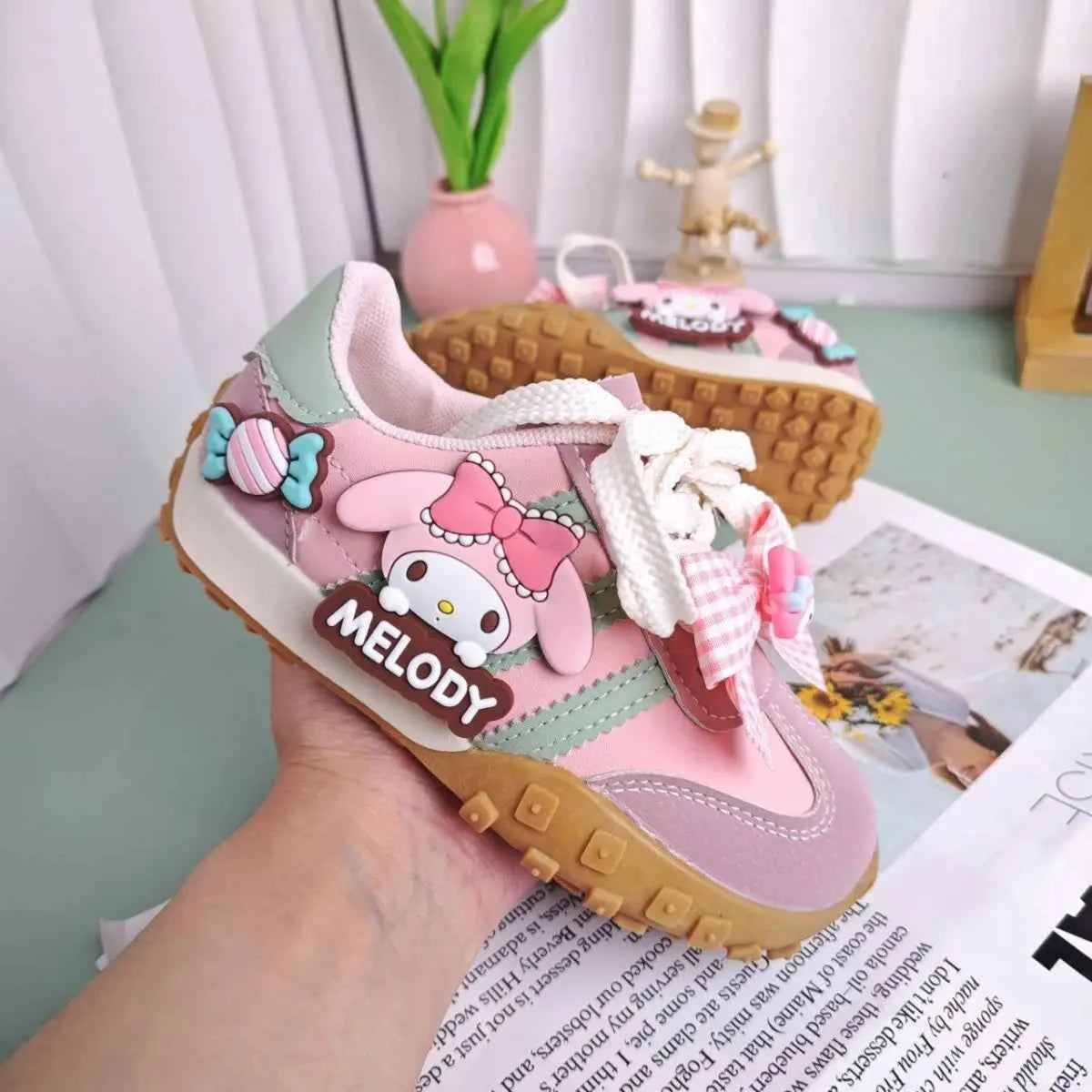 Kawaii Kids' Melody Cartoon Sneakers - Anti-slip PU Leather Shoes with Bow (Pink)