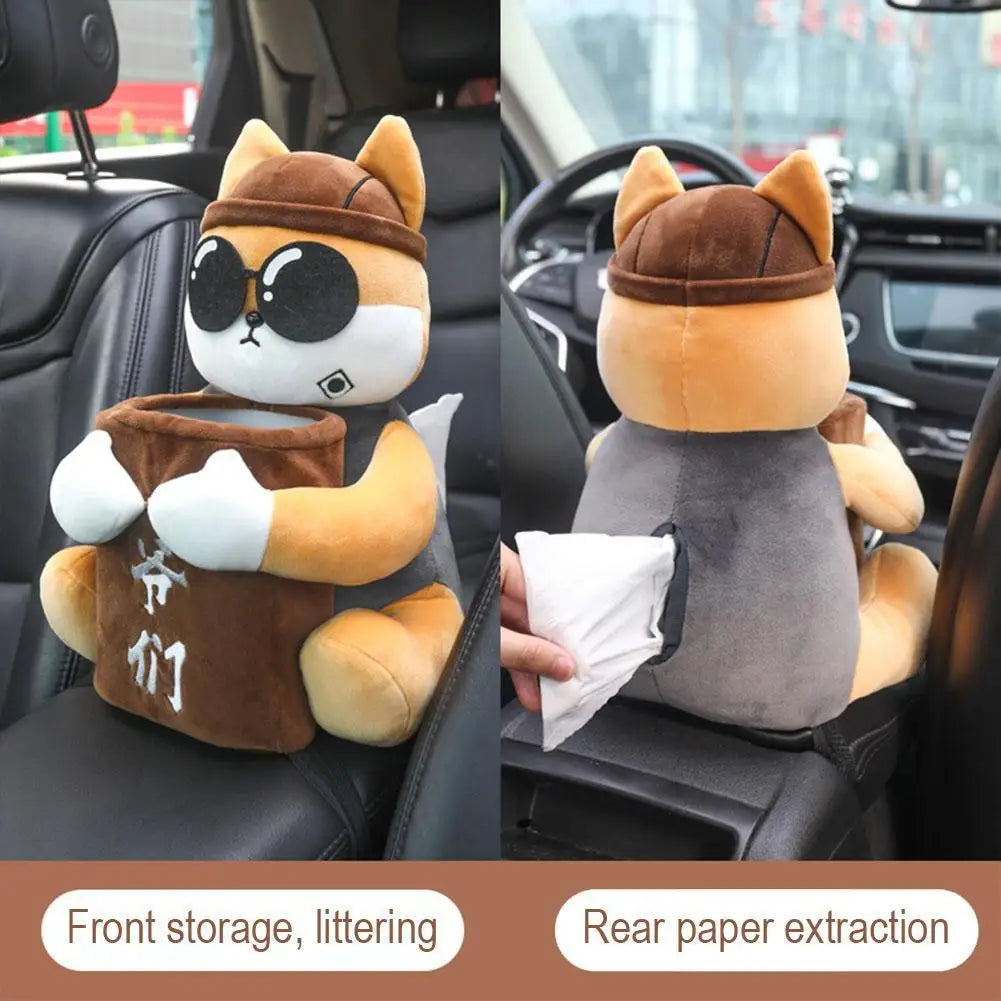 Cartoon Plush Car Tissue Holder – 2 In 1 Hanging Storage Bin