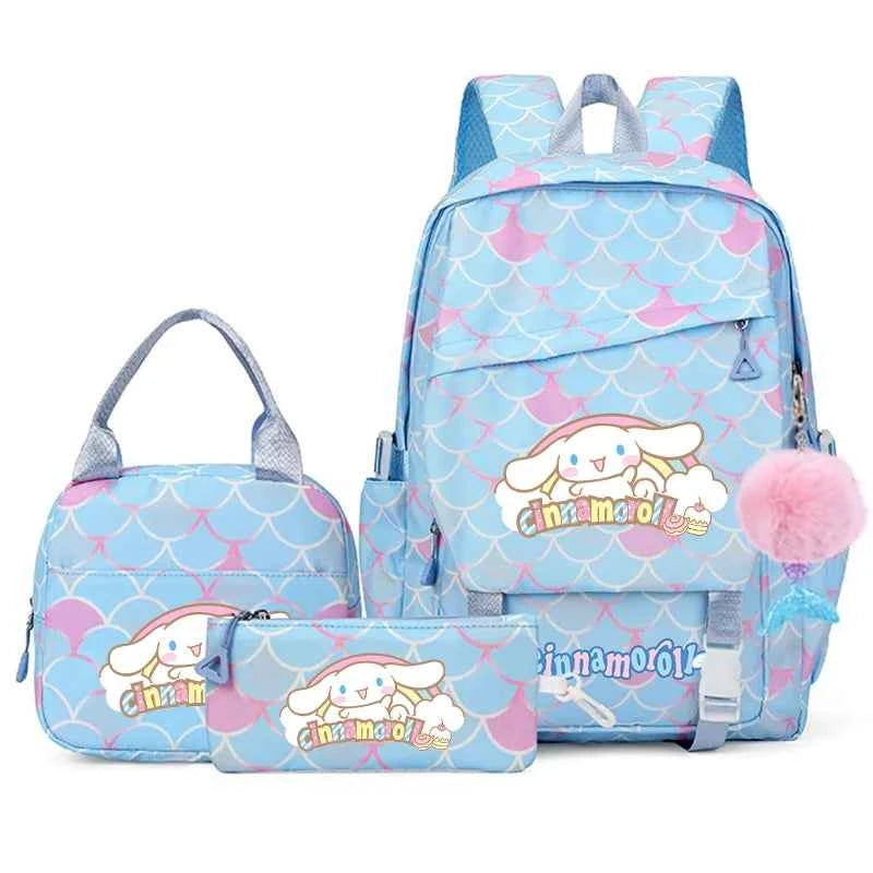 3PCS Cinnamoroll Fish Scale Backpack Set - Mermaid Pendant Lunch School Bag for Girls (17.7 in)