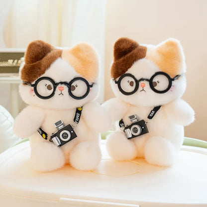 Kawaii Calico Cat Plush Doll with Glasses and Camera - Lifelike Weighted Tricolor Stuffed Animal Toy and Gift, 15cm and 20cm