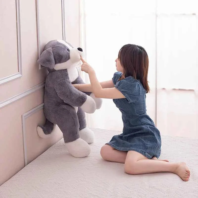 Kawaii Border Dog Plush Pillow – Simulation Puppy Stuffed Animal Cushion in Grey & Brown (50–100cm)