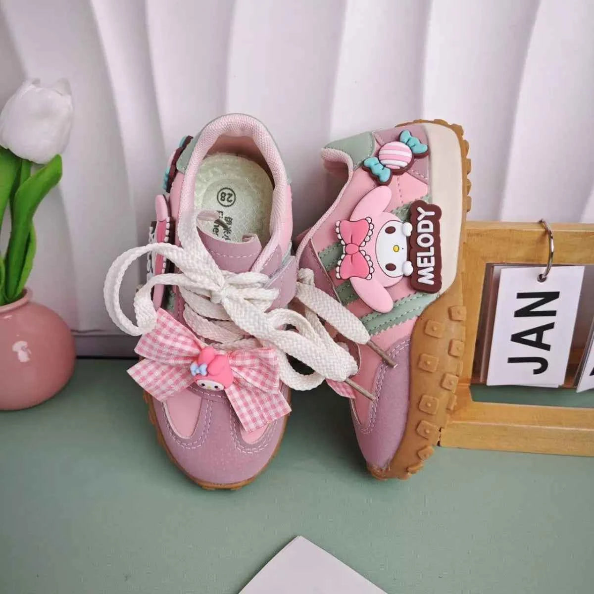Kawaii Kids' Melody Cartoon Sneakers - Anti-slip PU Leather Shoes with Bow (Pink)