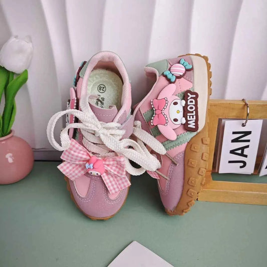 Kawaii Kids' Melody Cartoon Sneakers - Anti-slip PU Leather Shoes with Bow (Pink)