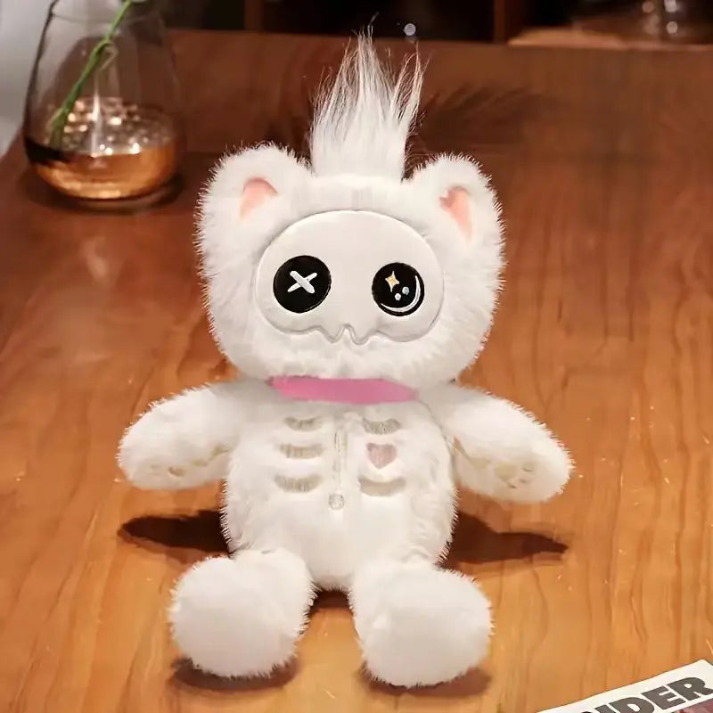 Kawaii Skeleton Cat Plush Doll - Soft Stuffed Gothic Halloween Cat Toy and Gift in Black and White, 35cm White 35cm (13.8")