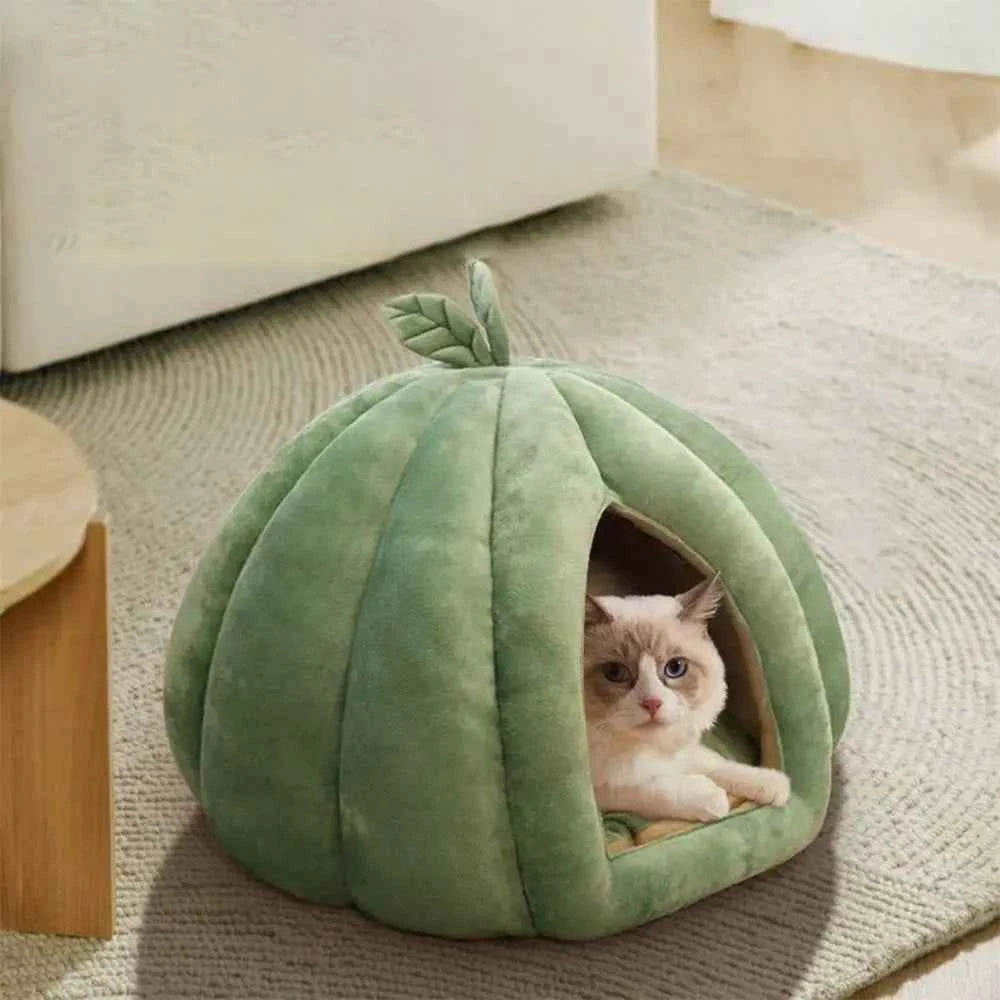Cute Pumpkin Cat Bed (Up to 19.7 in) - Winter Warm Flannel Kitten Puppy Nest