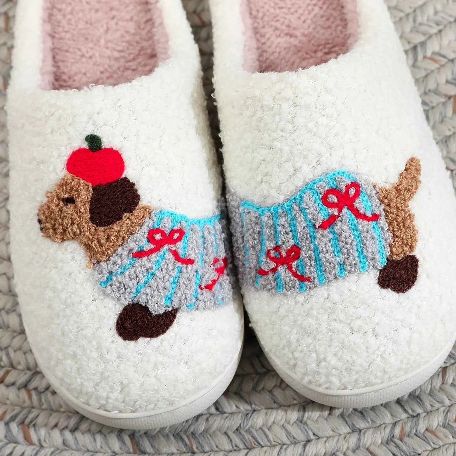 Cute Dachshund Embroidered Plush Slippers - Thick-Soled Warm Non-Slip Indoor Shoes