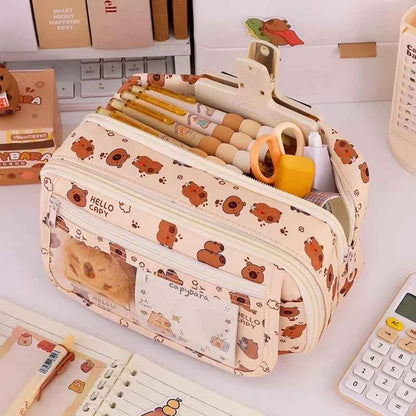 Kawaii Capybara Multi-Layer Pencil Case (8.5 in) - Large Capacity Stationery Organizer