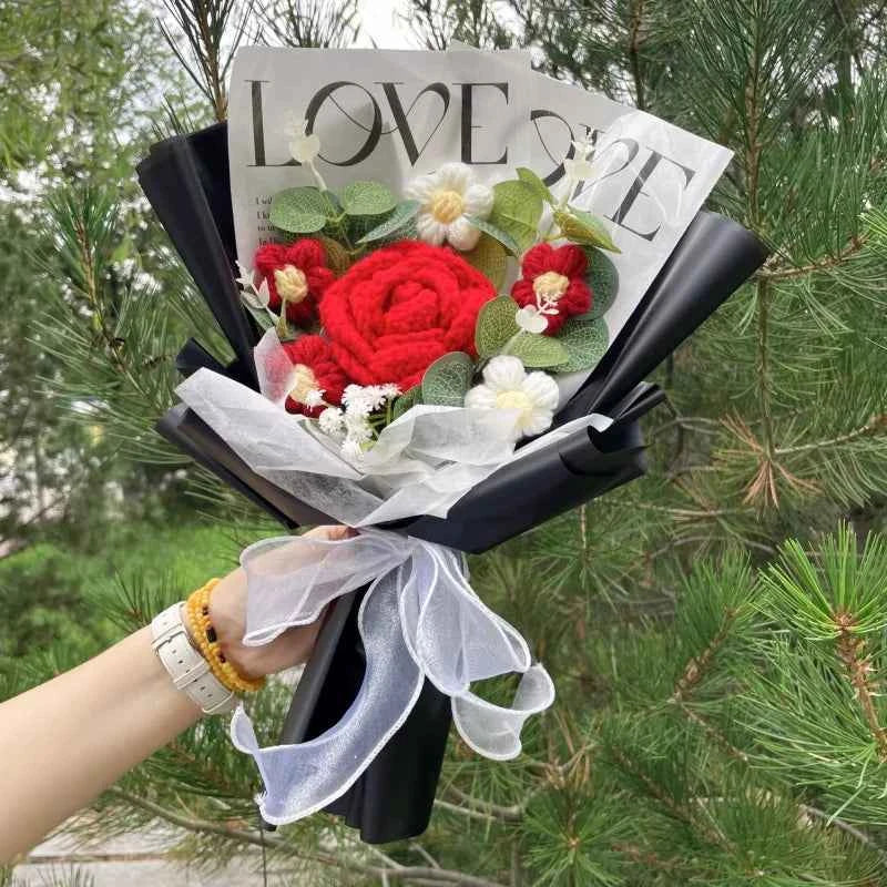 Finished Crochet Flower Bouquet (12.6-15.7 in) - Handmade Roses/Sunflowers/Carnations Gift