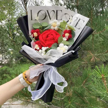 Finished Crochet Flower Bouquet (12.6-15.7 in) - Handmade Roses/Sunflowers/Carnations Gift