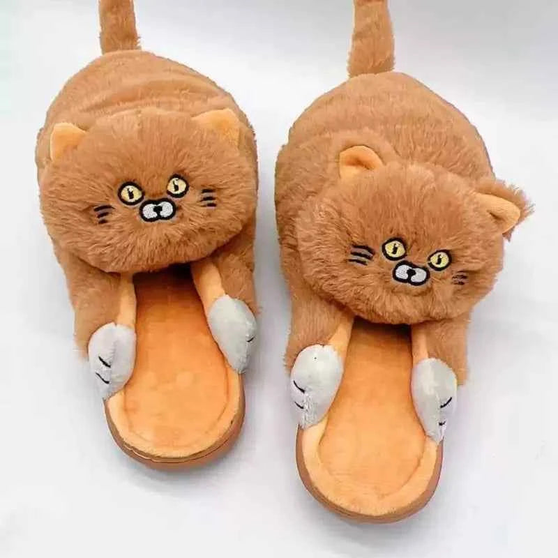 Cuddly Hug Cat Slippers Women Winter Home Fur Slides Kawaii Khaki One size fits all
