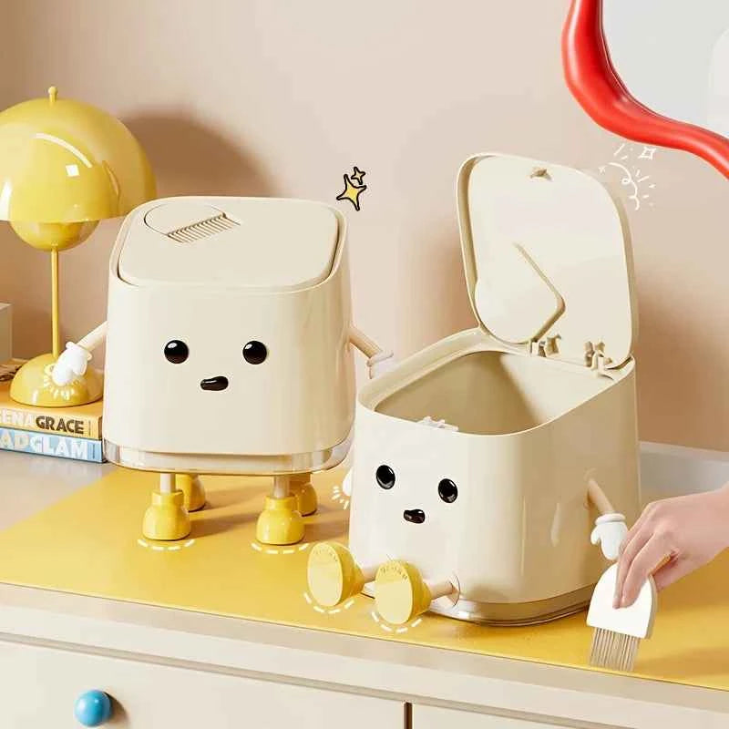 1 pc Cute Push-On Mini Trash Can Brush Compact Desktop Can