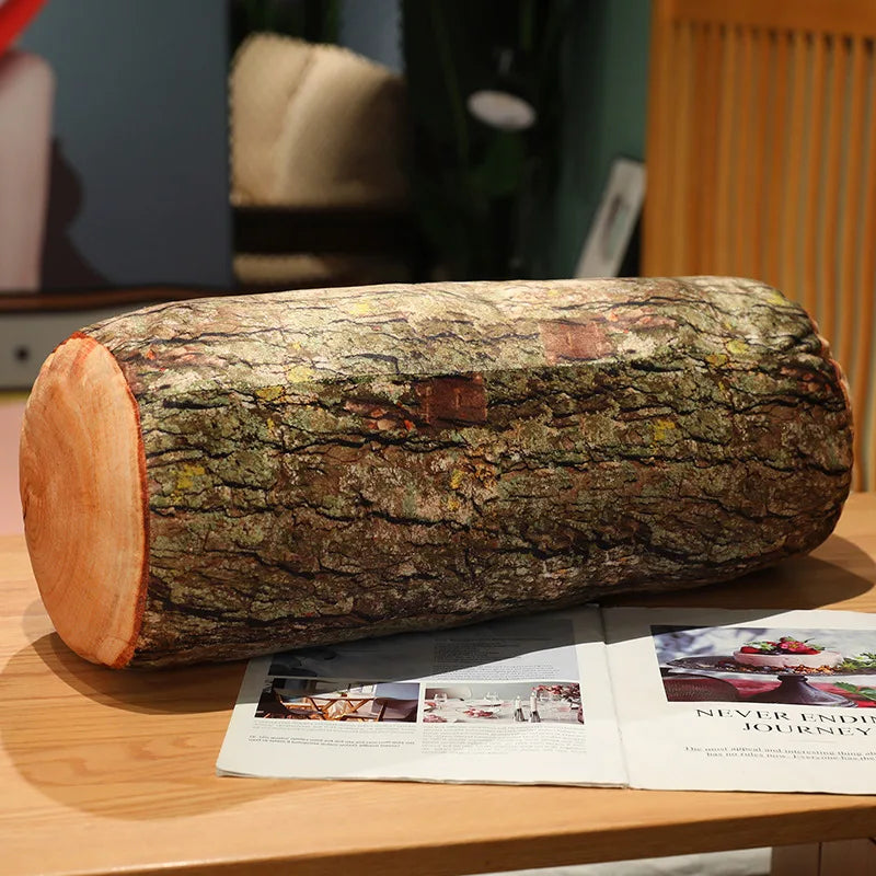 3D Tree Stump Plush Pillow – Realistic Wood Log Cushion B
