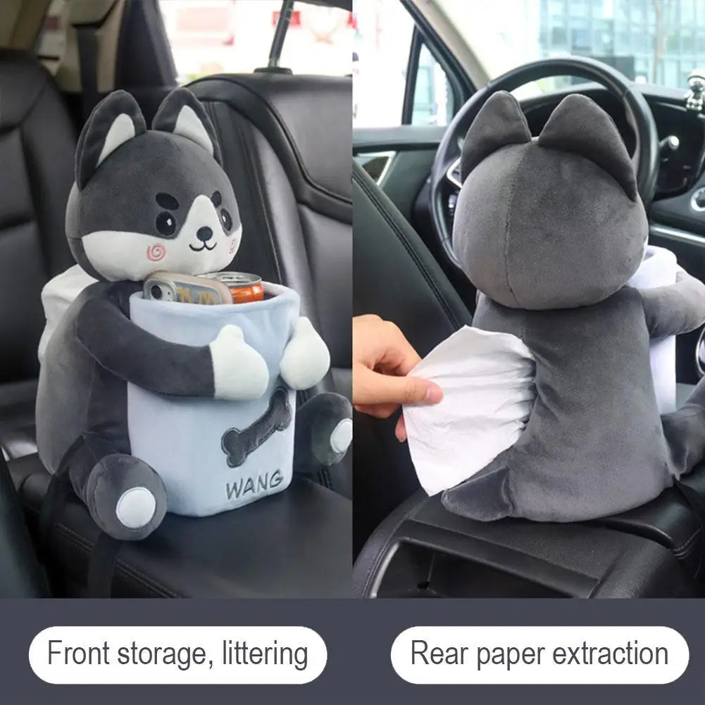 Cartoon Plush Car Tissue Holder – 2 In 1 Hanging Storage Bin