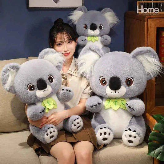 Big Cute Sitting Gray Koala With Leaves Plush Toys Simulation Australia Koala Stuffed Animal Soft Toys For Children Xmas Gifts