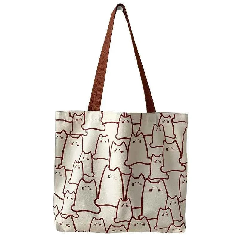 Kawaii Cute Cat Canvas Shopper Tote Bag (15.4 in) - Japanese Cartoon Shoulder Bag