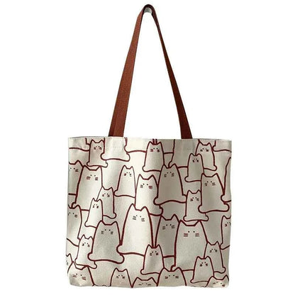 Kawaii Cute Cat Canvas Shopper Tote Bag (15.4 in) - Japanese Cartoon Shoulder Bag