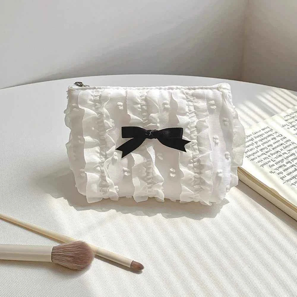 Cute Lace Bow Coin Purse Portable Cosmetic Storage Bag Key White