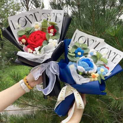 Finished Crochet Flower Bouquet (12.6-15.7 in) - Handmade Roses/Sunflowers/Carnations Gift